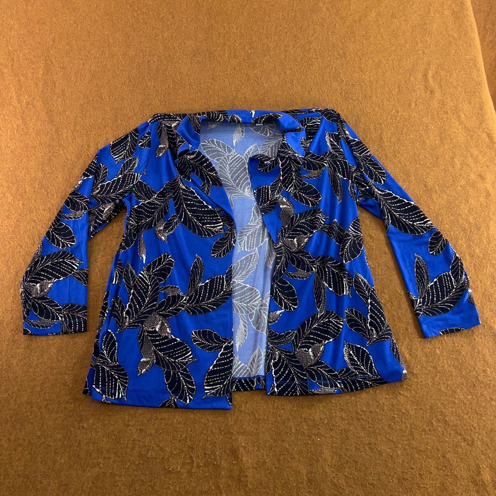 Susan Graver Womens MP Blue Tropical Print Liquid Knit Open Front Cardigan New